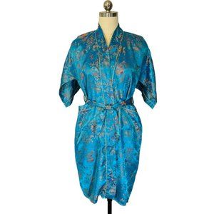 Vtg Peony Shanghai China Turquoise Robe Satin Floral Pagoda SS sz 12 XS/S EUC!